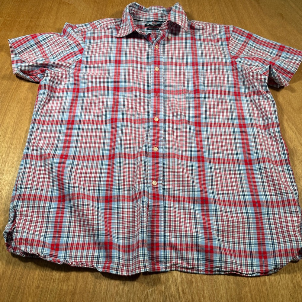 Cremieux Button Down Shirt Mens XL Red Blue Plaid Supima Cotton Short Sleeve